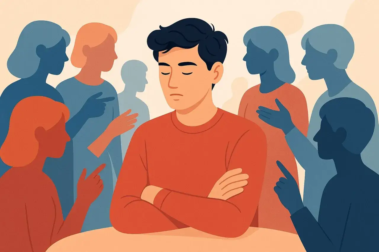 Mężczyzna w pomarańczowej bluzie z założonymi rękami, otoczony przez sylwetki ludzi wskazujące na niego palcami.