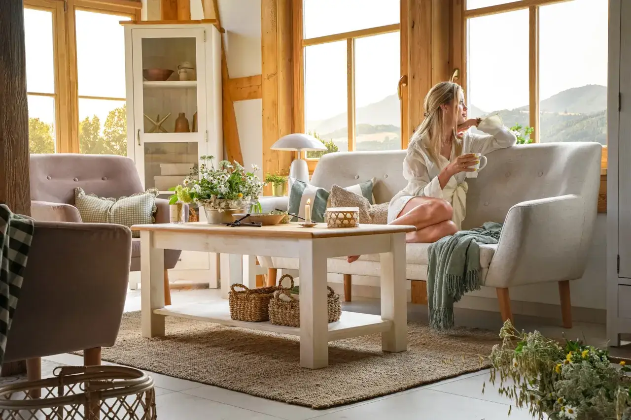 Przytulny salon w wiejskim stylu z kobietą pijącą kawę i podziwiającą widok.