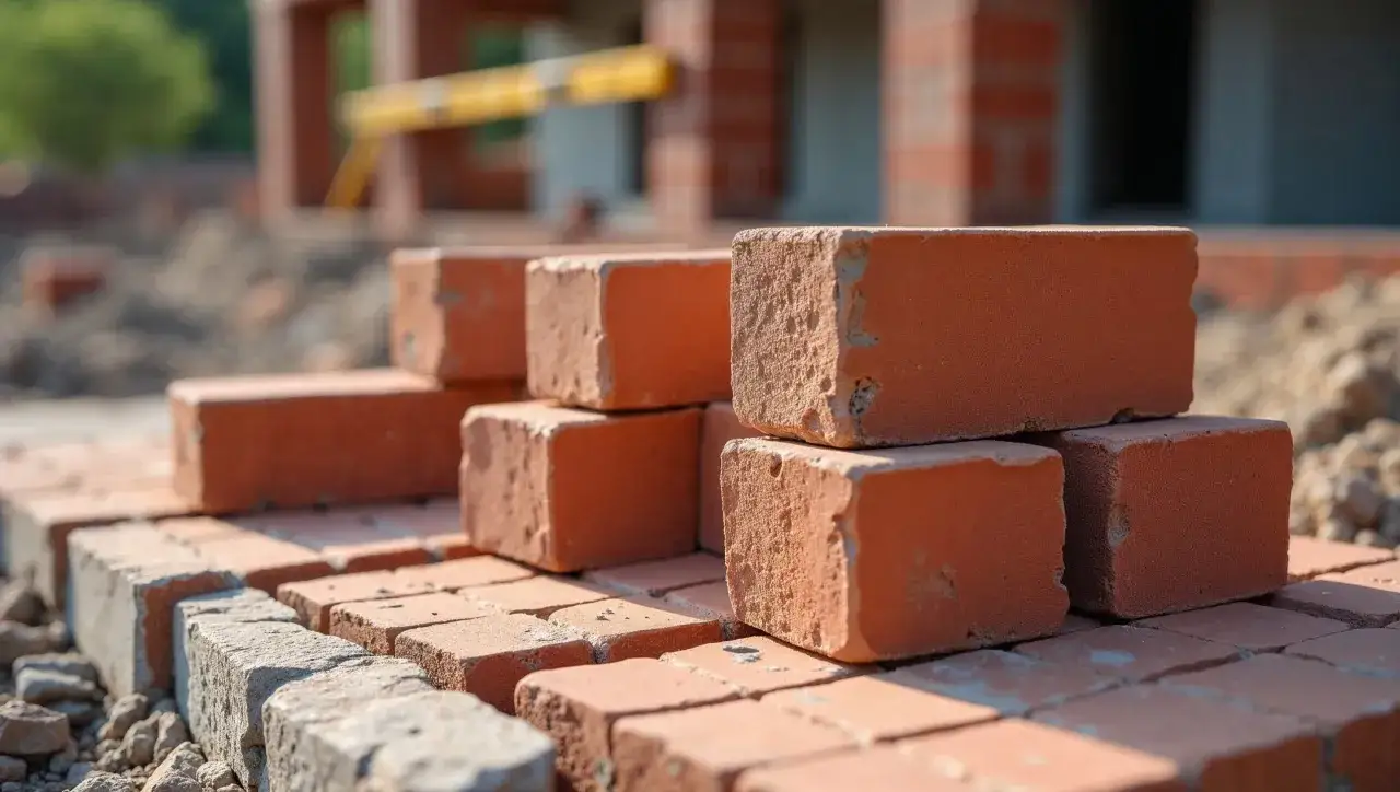 Stos cegieł na budowie. W tle widać fragmenty konstrukcji, być może przyszłego komina z cegły, którego wymiary są kluczowe dla budowniczych.