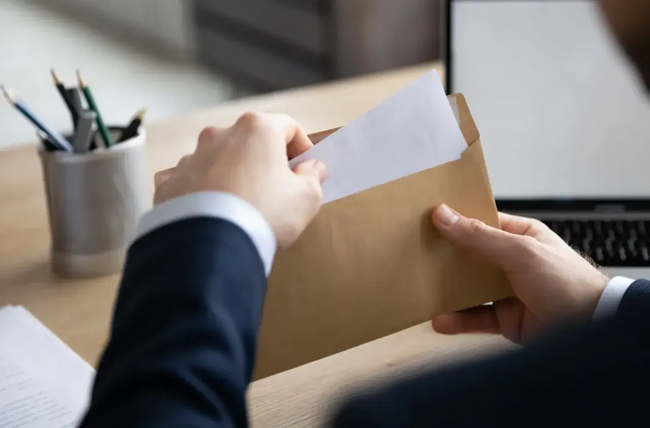 Mężczyzna w garniturze wkłada dokument do koperty. To może być wzór pisma do burmistrza, gotowy do wysłania.