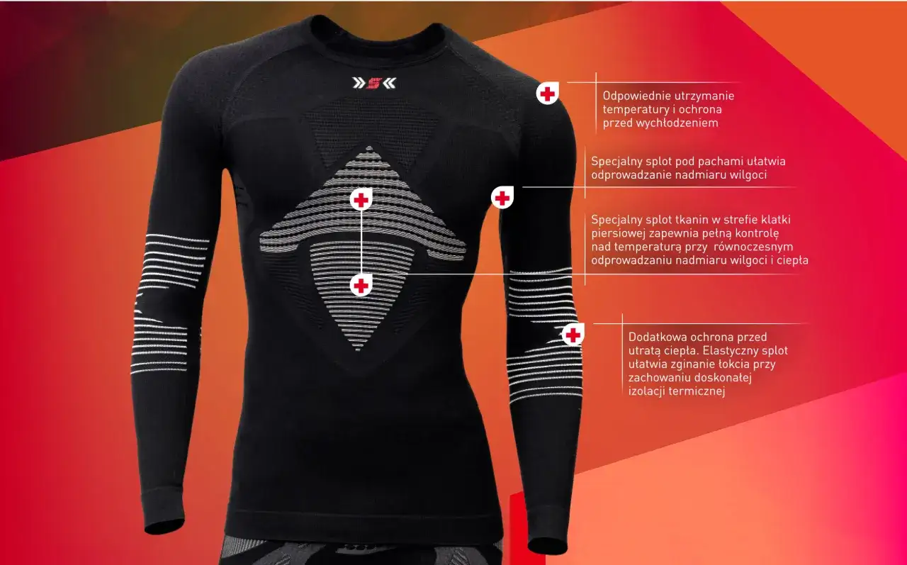 Czarna koszulka termoaktywna z białymi elementami i oznaczeniami.