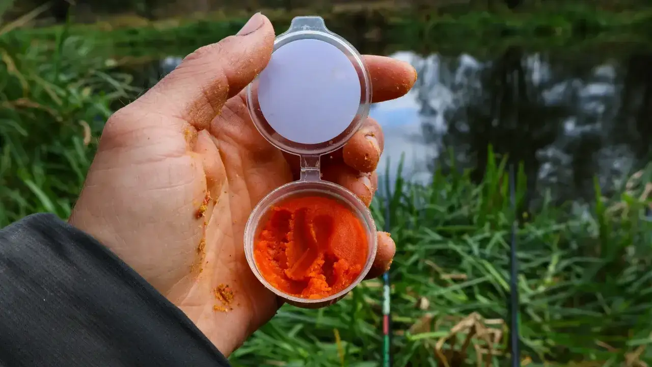 Dłoń trzymająca otwarte pudełko z pomarańczową zanętą wędkarską.