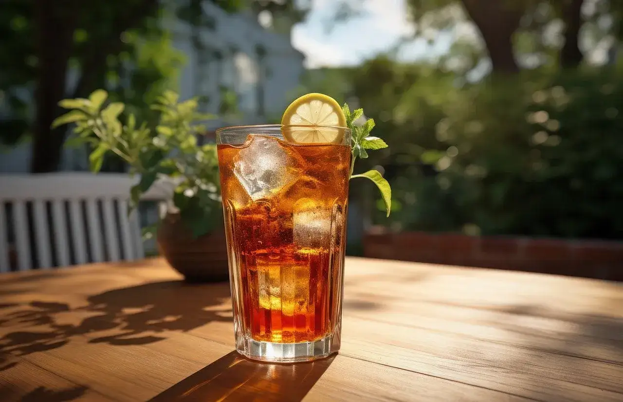 Orzeźwiające drinki z sheridanem, z lodem i plasterkiem cytryny, idealne na letni relaks w ogrodzie.