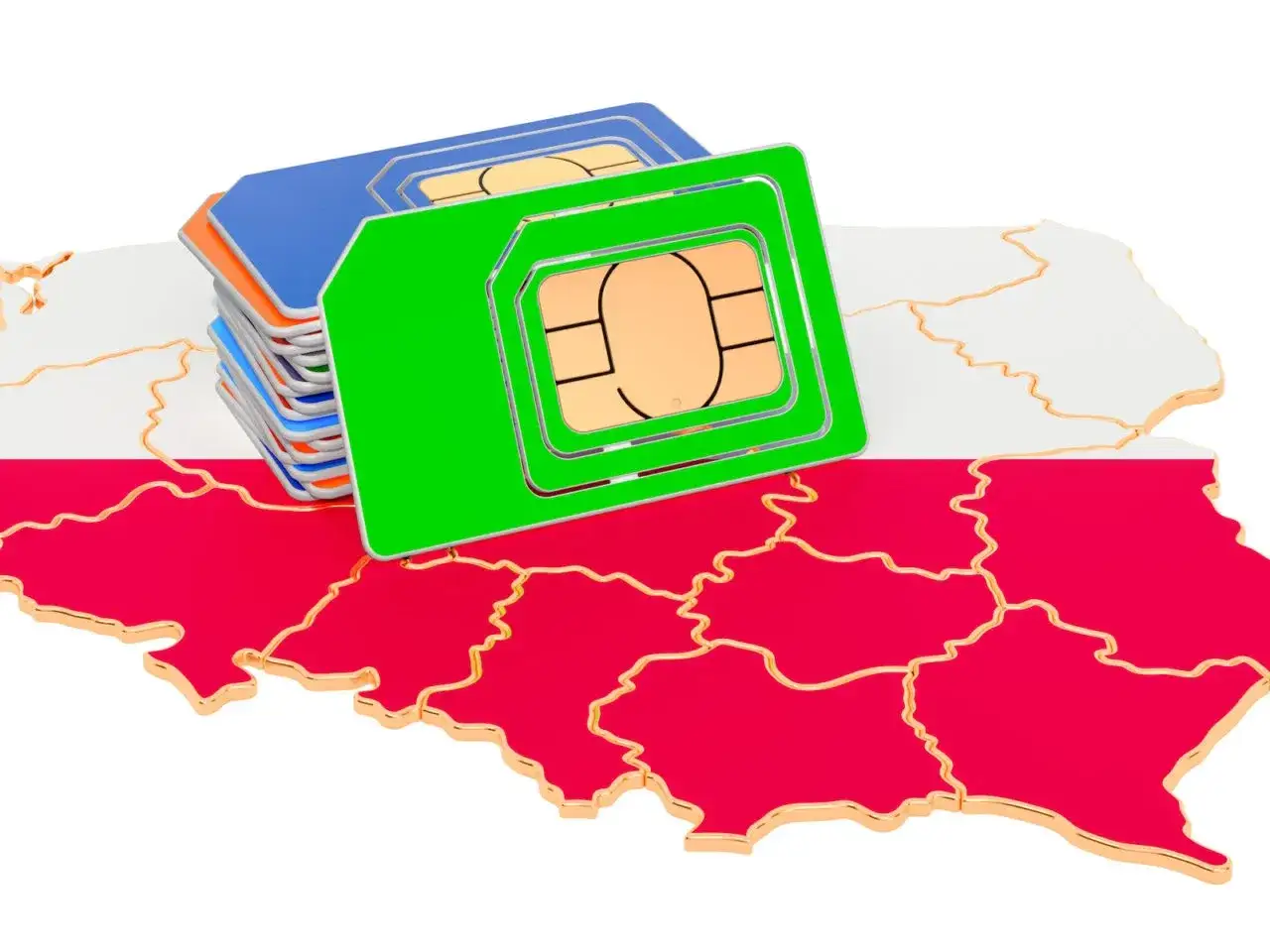 Stos kolorowych kart SIM na tle mapy Polski.