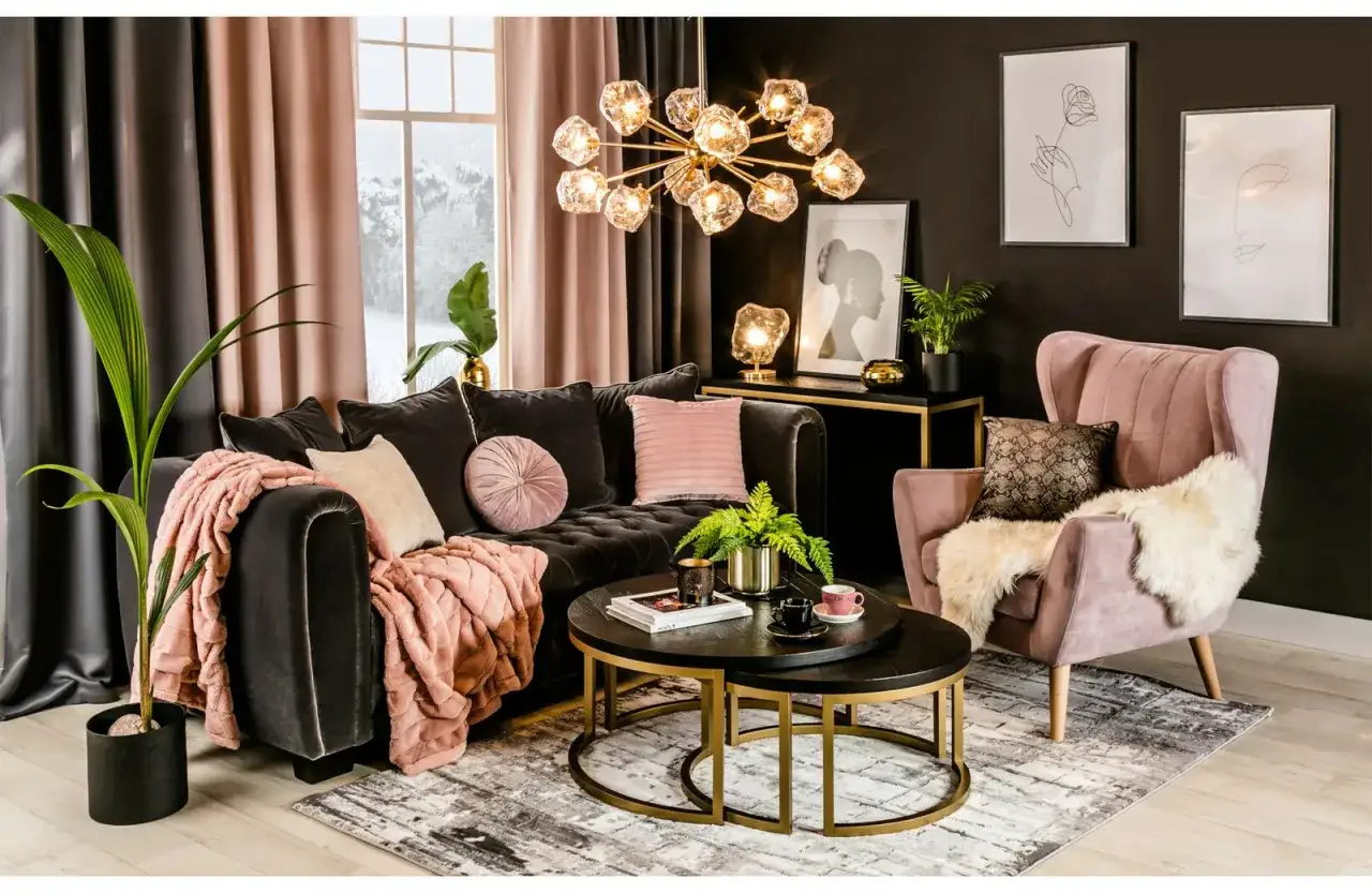 Elegancki salon z ciemnoszarą kanapą i różowym fotelem. Czy beżowy pasuje do czarnego? Tak, zwłaszcza gdy uzupełnione są różowymi akcentami.