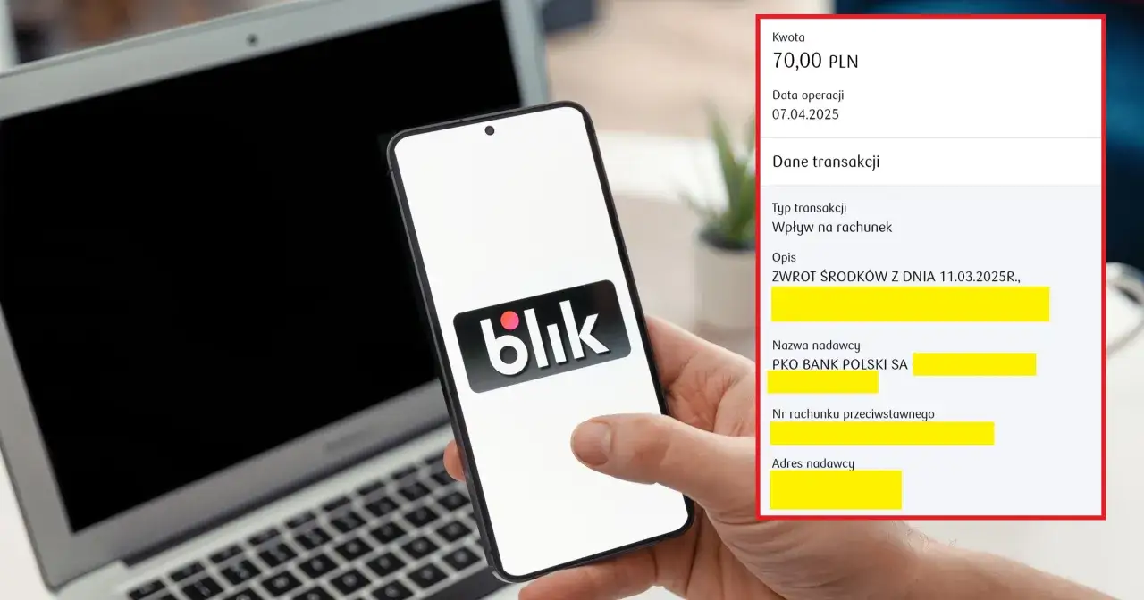 Dłoń trzyma smartfon z logo Blik na ekranie, obok leży laptop. Po prawej stronie widoczny fragment potwierdzenia transakcji.