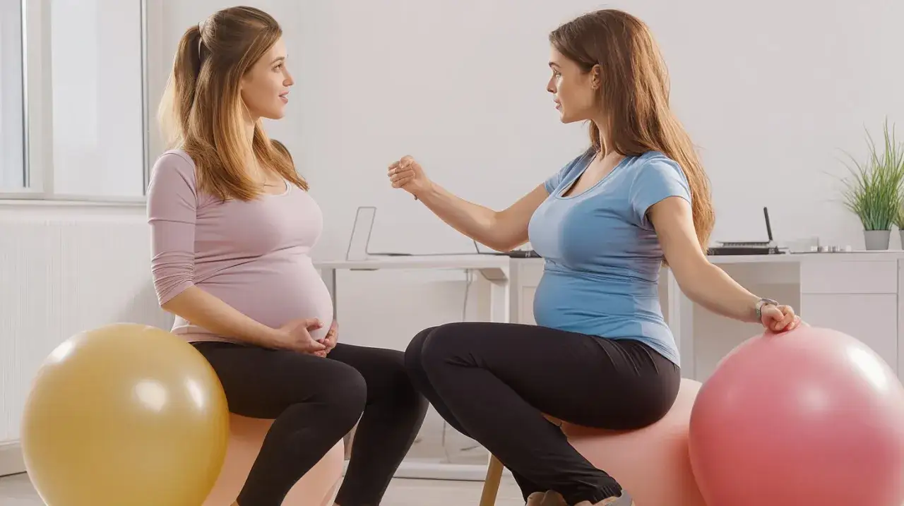Dwie ciężarne kobiety siedzą na piłkach gimnastycznych, rozmawiając o tym, co można robić po fizjoterapii.