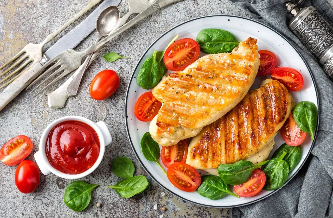 Grillowana pierś kurczaka z pomidorkami koktajlowymi i szpinakiem na talerzu, obok miseczka ketchupu.