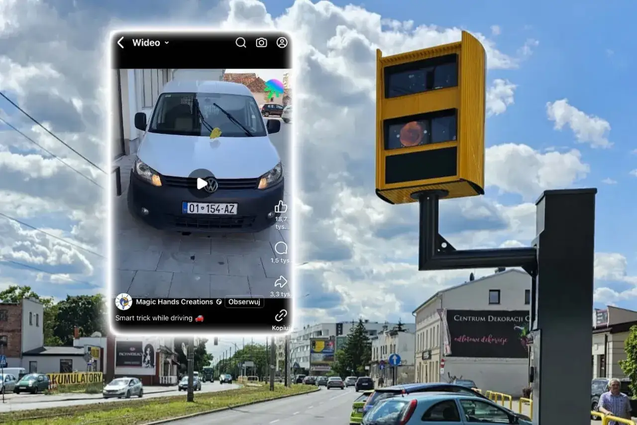 Jak wypełnić mandat z fotoradaru wzór? Na filmie biały bus, fotoradar i droga.