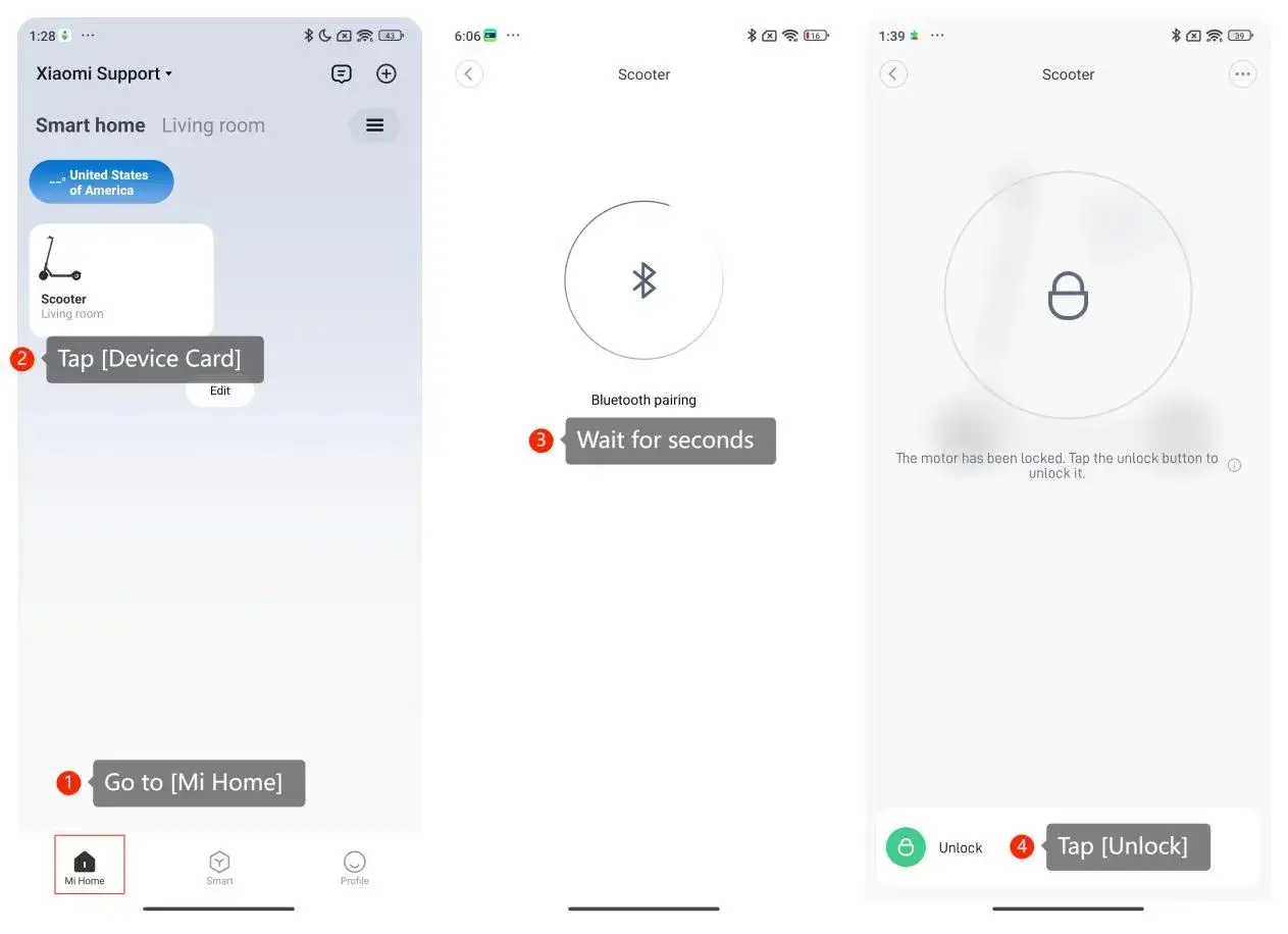 Ekran aplikacji Xiaomi Mi Home pokazujący połączenie hulajnogi przez Bluetooth.