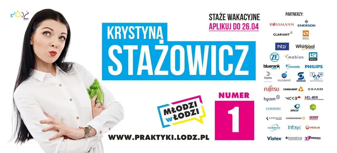 Kobieta z sałatą zastanawia się, co to staż. Reklama "Młodzi w Łodzi" z partnerami.