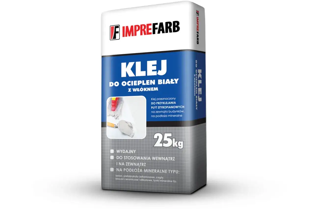 Imprefarb klej do ociepleń biały z włóknem, 25kg. Do przyklejania płyt styropianowych na zewnątrz i wewnątrz budynków.