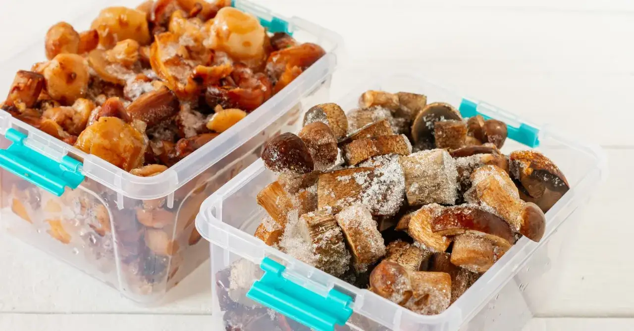 Dwa pojemniki z mrożonymi grzybami, gotowe do użycia. Dowiedz się, jak przyrządzić mrożone grzyby, by cieszyć się ich smakiem przez cały rok.