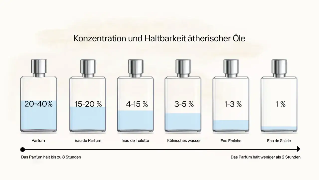 Sechs Parfumflaschen mit unterschiedlichen Konzentrationen und Füllständen, die die Haltbarkeit von Duftölen zeigen.