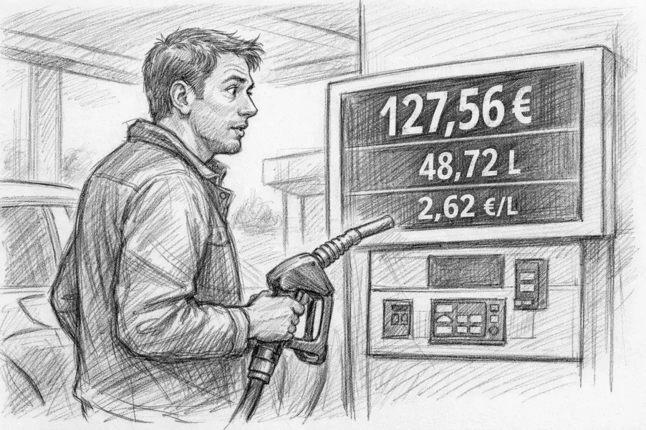 Zaskoczony kierowca widzi rachunek za paliwo 127,56€. Zastanawia się, ile naprawdę zarabia mechanik na marży za części, gdy ceny tak rosną.