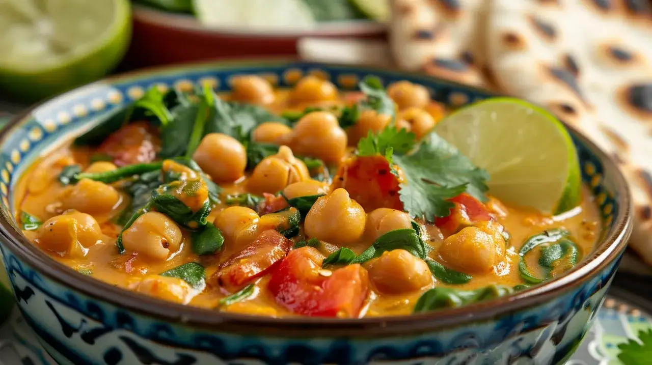 Curry z ciecierzycą, pomidorami, szpinakiem i mlekiem kokosowym