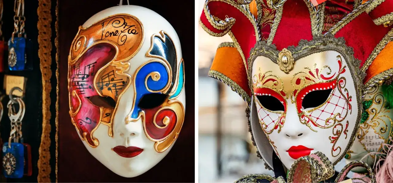 Zdobione maski weneckie: jedna z nutami i napisem "Venezia", druga bogato zdobiona złotem i czerwienią.