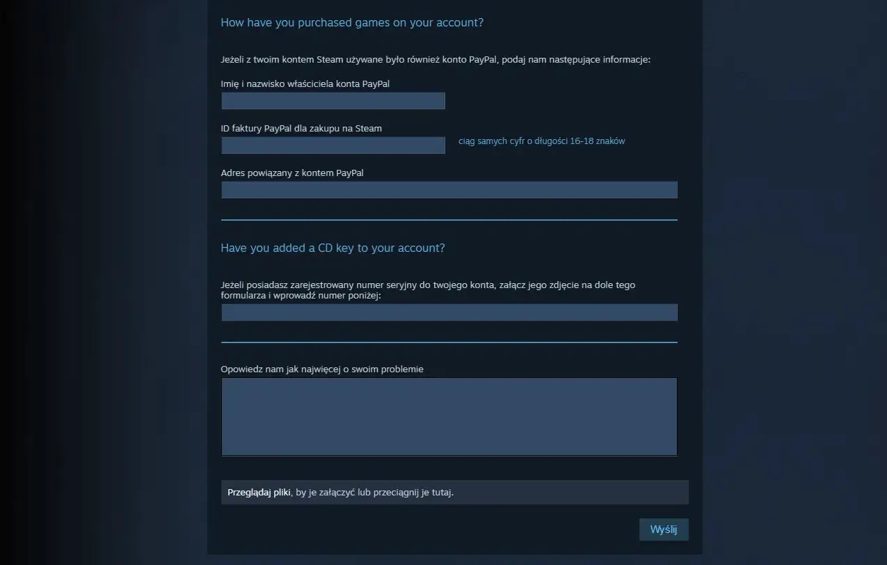Formularz Steam z polami do wpisania danych zakupu i numeru seryjnego gry.