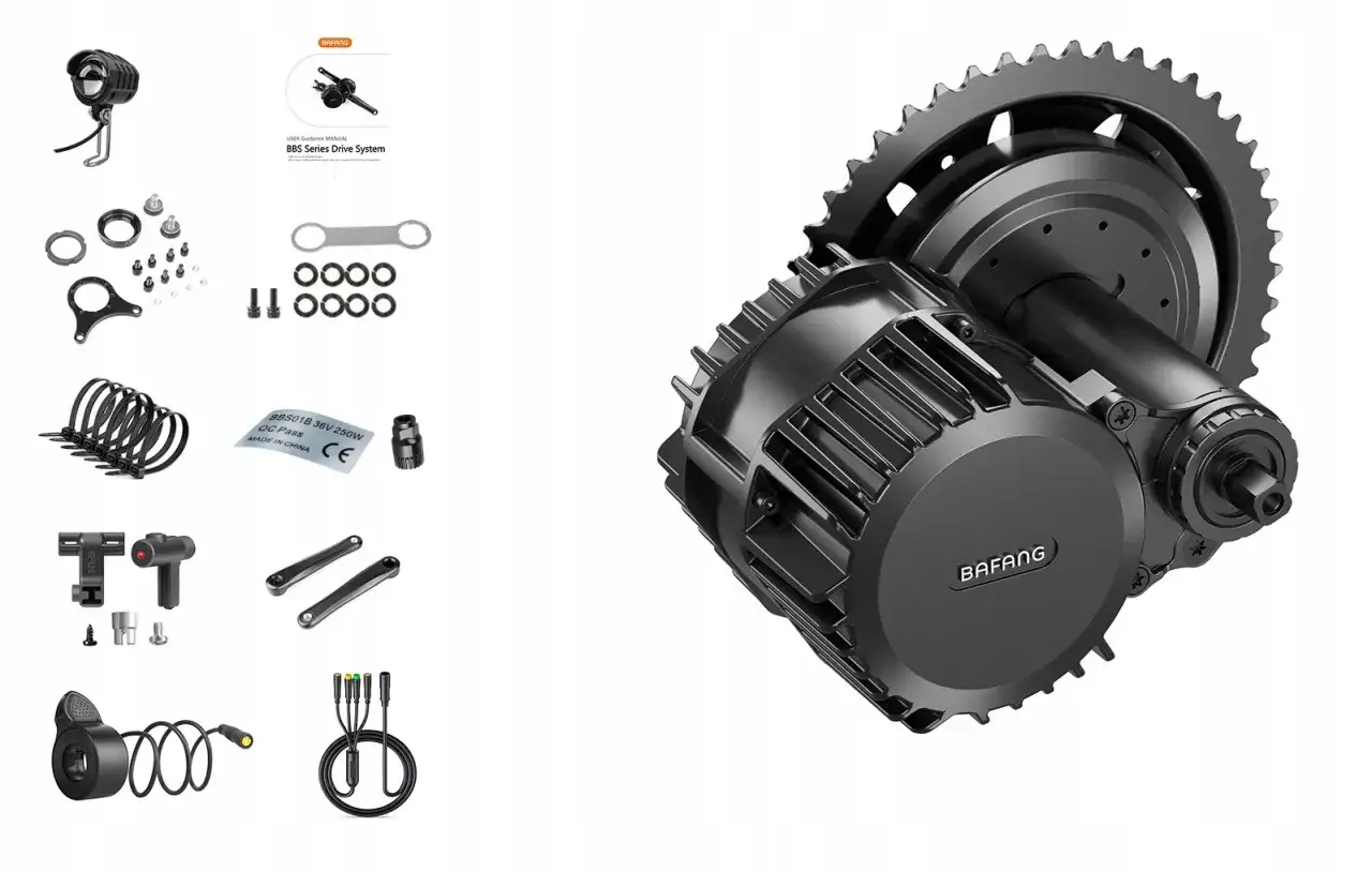 Zestaw do konwersji roweru Bafang BBS: silnik, zębatka, manetka, kable i akcesoria montażowe.