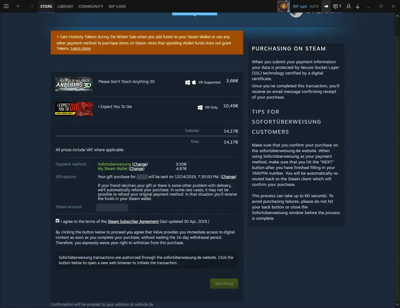Ekran zakupu gry na Steam, z widocznymi grami, cenami i opcjami płatności.