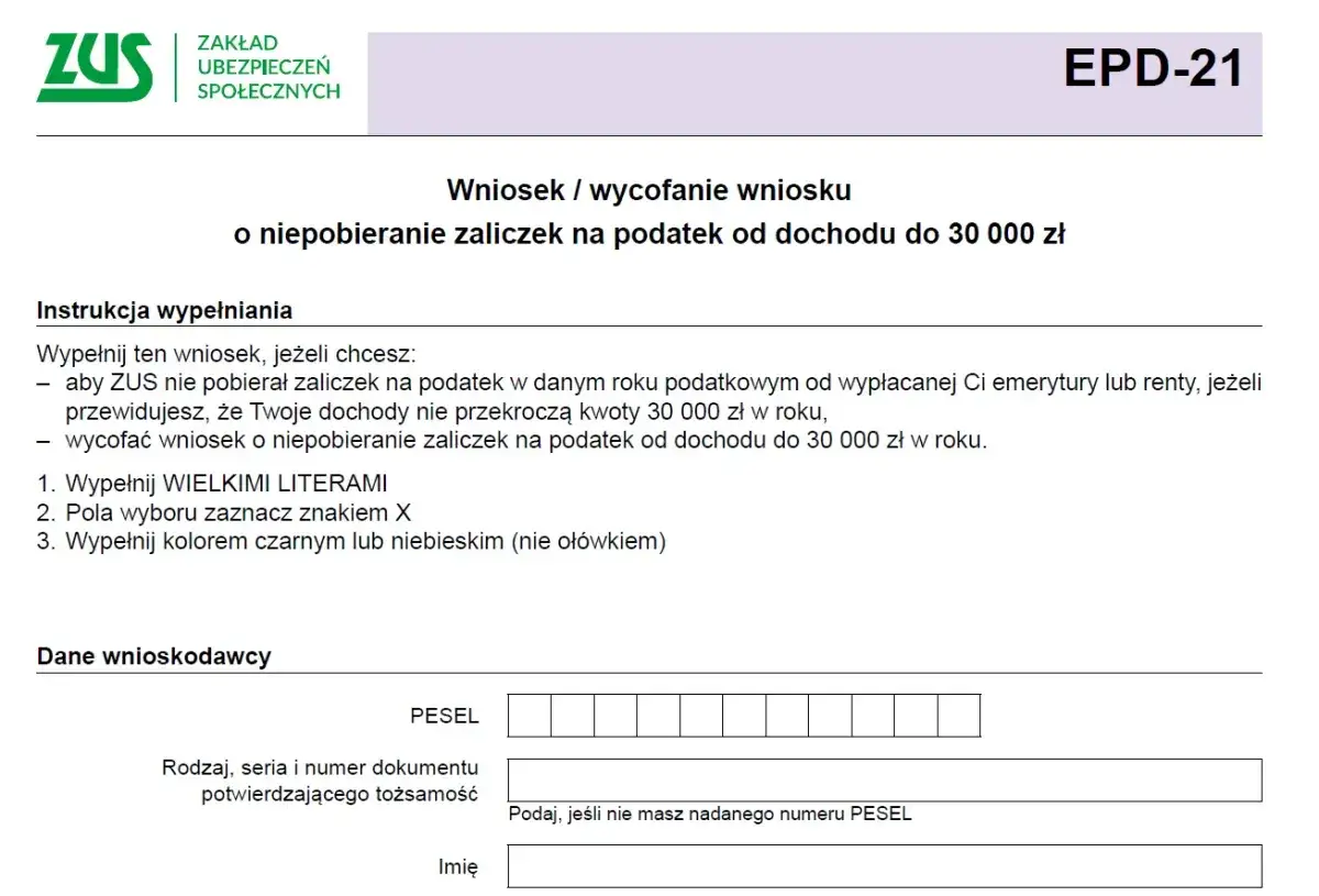 Formularz ZUS EPD-21: wniosek o niestosowanie kwoty zmniejszającej podatek przy emeryturze/rencie, gdy dochód nie przekroczy 30 000 zł.