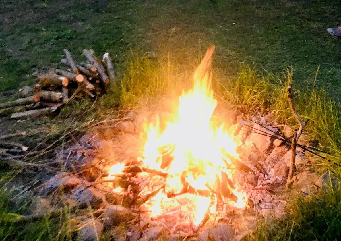Płonące ognisko na trawie, obok stos drewna.