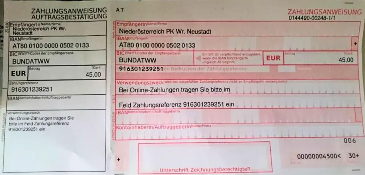Dokument płatności z Austrii na kwotę 45 EUR. Numer referencyjny 916301239251.