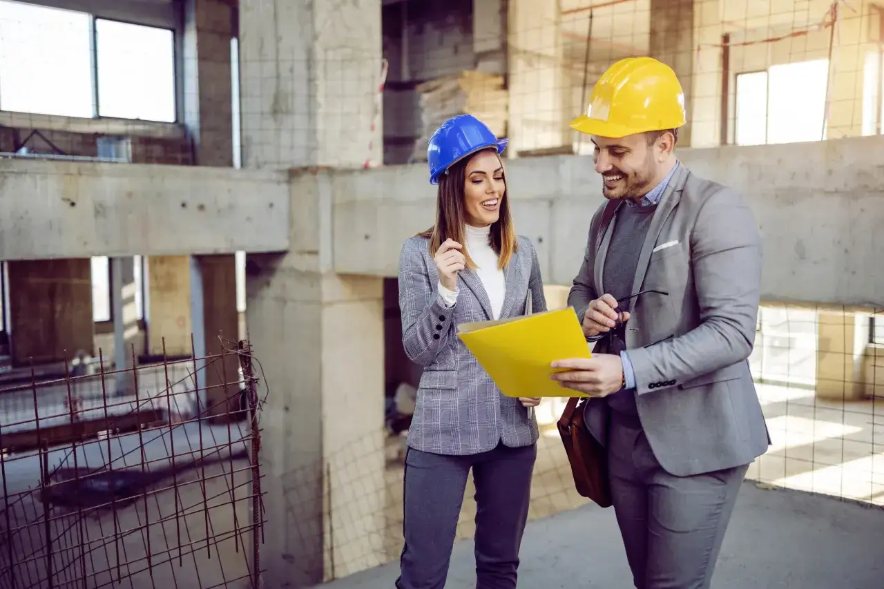 Architekci w kaskach rozmawiają na budowie, trzymając żółty folder.