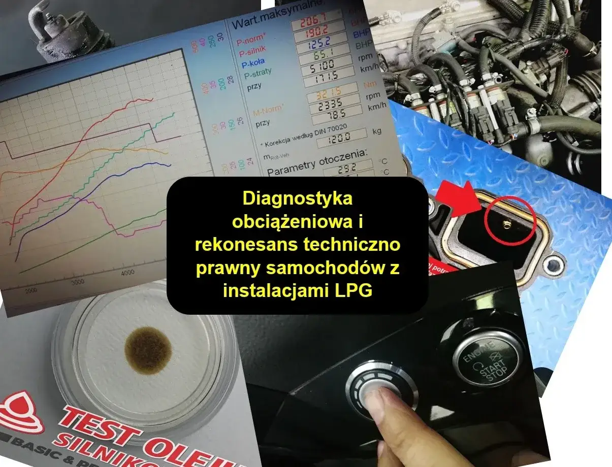 Wykresy z hamowni, silnik, próbka oleju i przycisk start/stop.