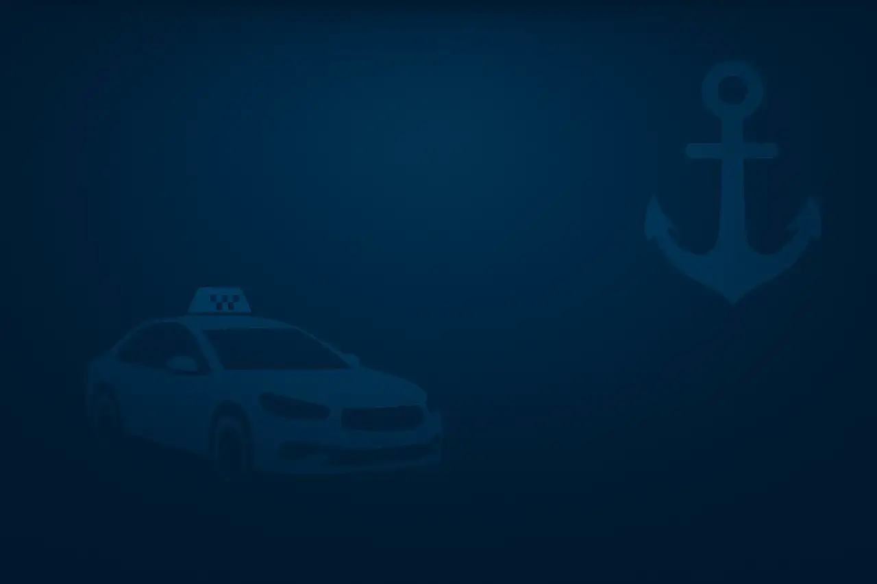 Sylwetka taksówki i kotwicy na granatowym tle.