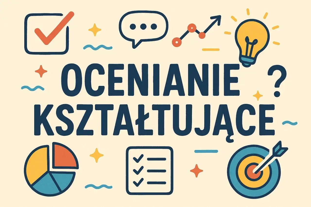 Ocenianie kształtujące w edukacji wczesnoszkolnej: przykłady. Grafika z ikonami symbolizującymi naukę, rozwój i cele.