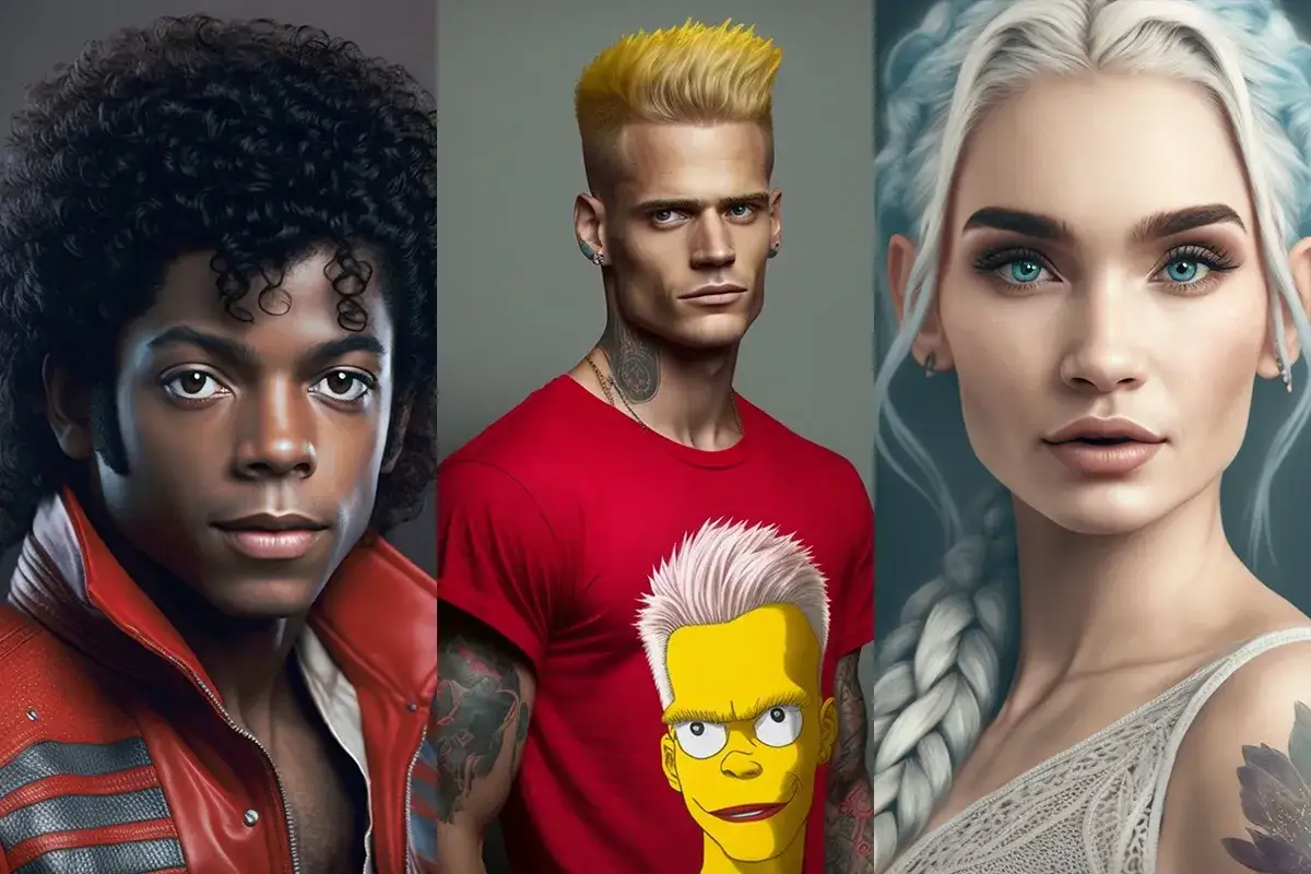 Trzy portrety: mężczyzna z burzą czarnych loków, mężczyzna w czerwonej koszulce z Bartem Simpsonem, kobieta z jasnymi włosami.