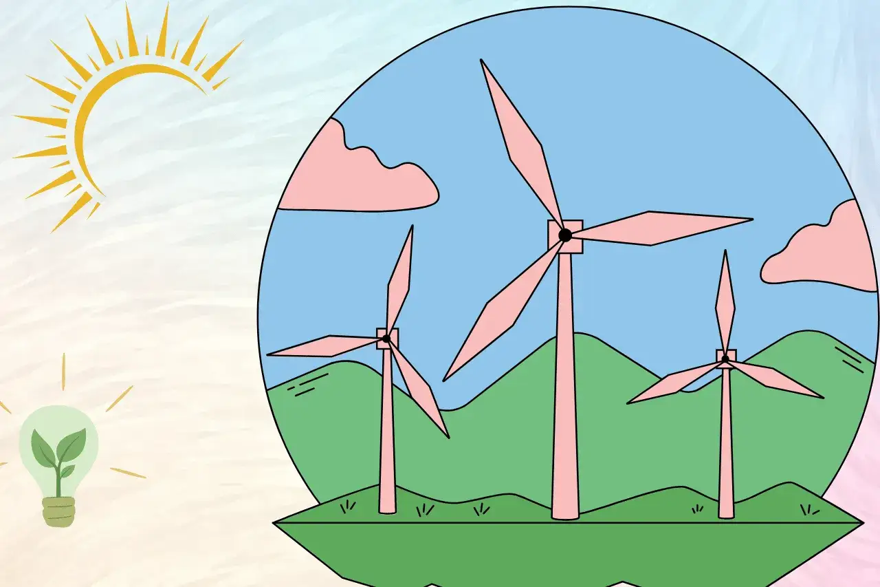 Ilustracja z turbinami wiatrowymi, słońcem i żarówką z rośliną.