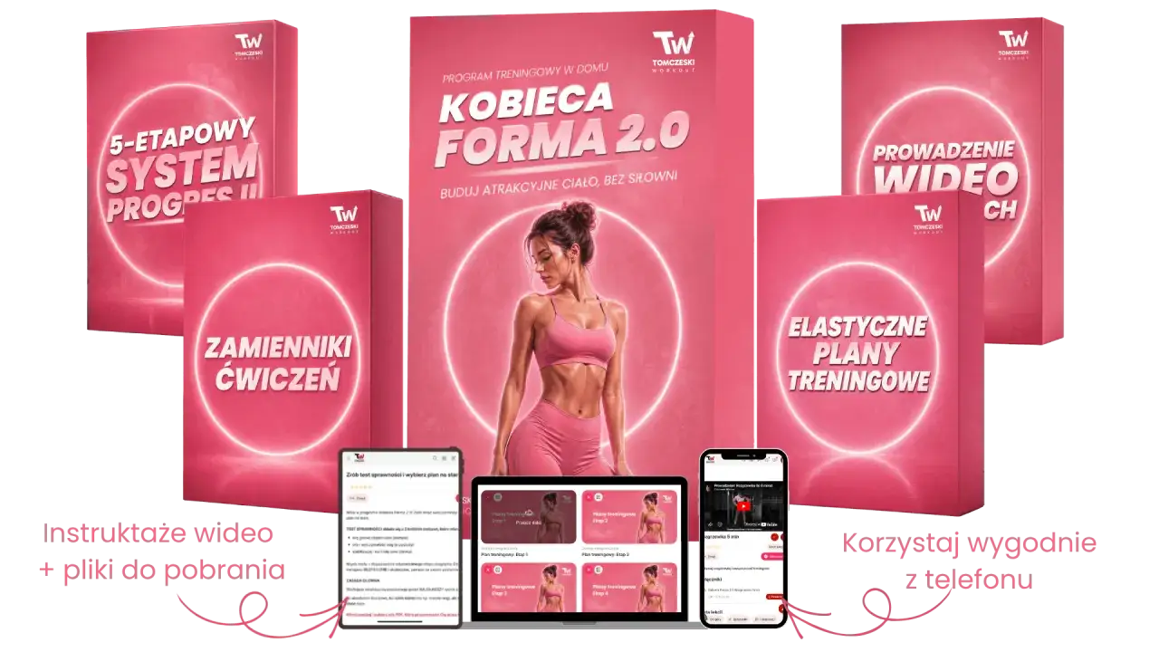 Zestaw materiałów do treningu w domu: "Kobieca Forma 2.0", plany treningowe, zamienniki ćwiczeń, instruktaże wideo. Jak zadbać o siebie, by osiągnąć wymarzoną sylwetkę.