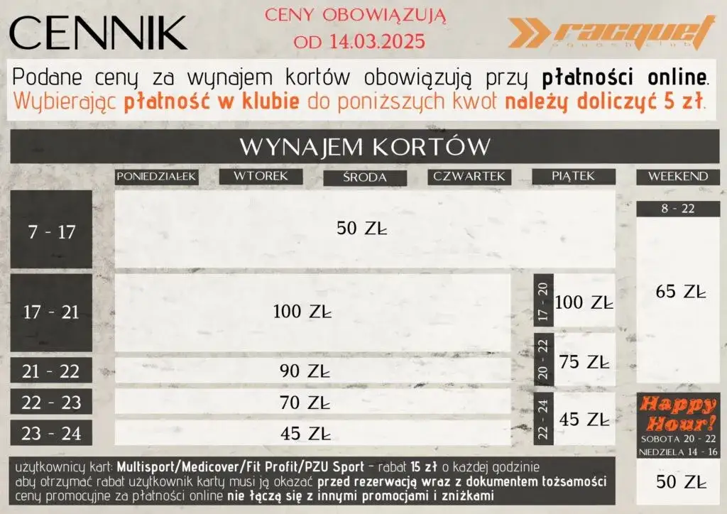 Cennik kortów squash w Krakowie - porównaj ceny i oferty