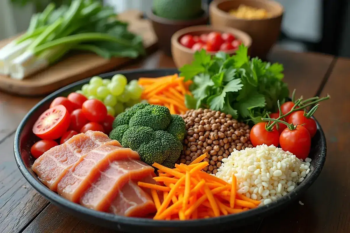 Kolorowa sałatka z mięsem, warzywami i owocami. Idealna do planowania, ile kalorii dziennie spożywasz.