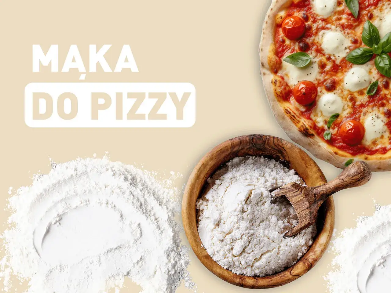 Mąka do pizzy w drewnianej misce obok gotowej, pysznej Margherity. Idealna baza do domowego wypieku.