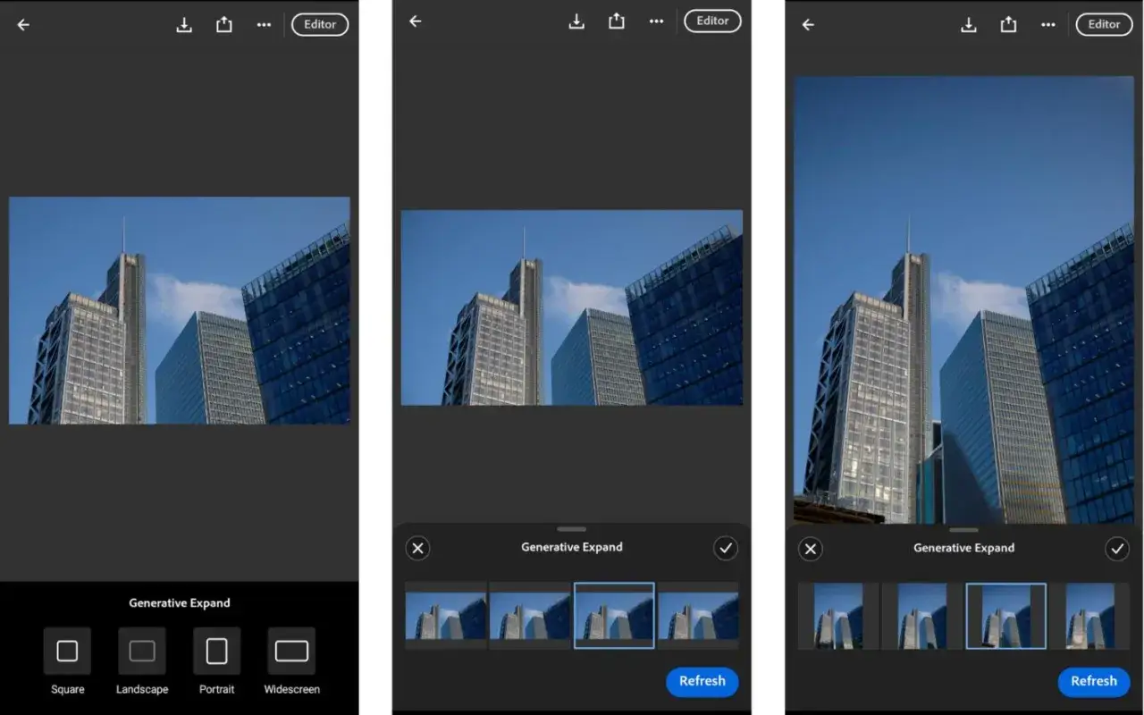 Edytor w **Lightroom web** pozwala na rozszerzenie zdjęcia budynków dzięki Generative Expand. Widzimy różne propozycje rozszerzenia kadru.