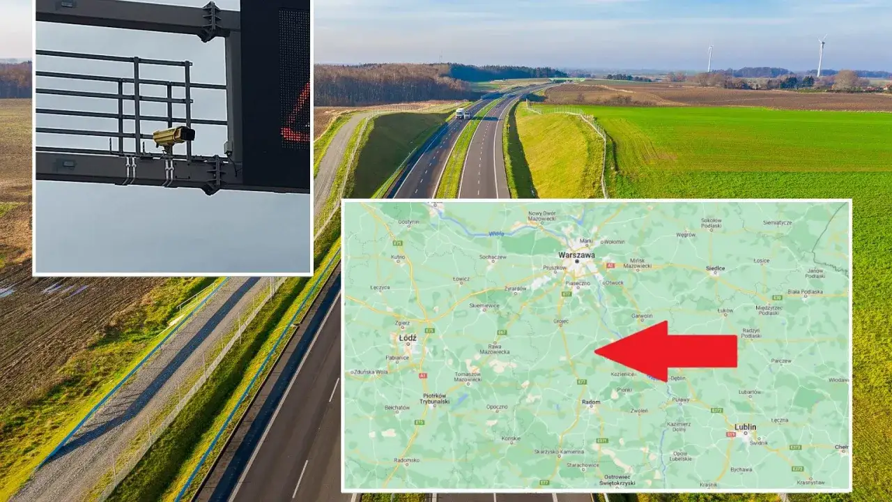 Kamera monitorująca odcinek pomiaru prędkości S7. Na mapie zaznaczono obszar w okolicach Warszawy i Lublina.
