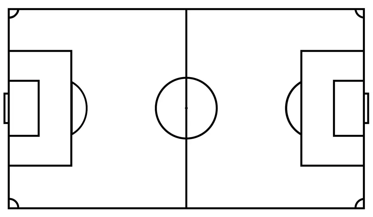 Schemat boiska piłkarskiego, idealny do nauki, jak narysować boisko do piłki nożnej. Widoczne bramki, koło środkowe i linie boczne.