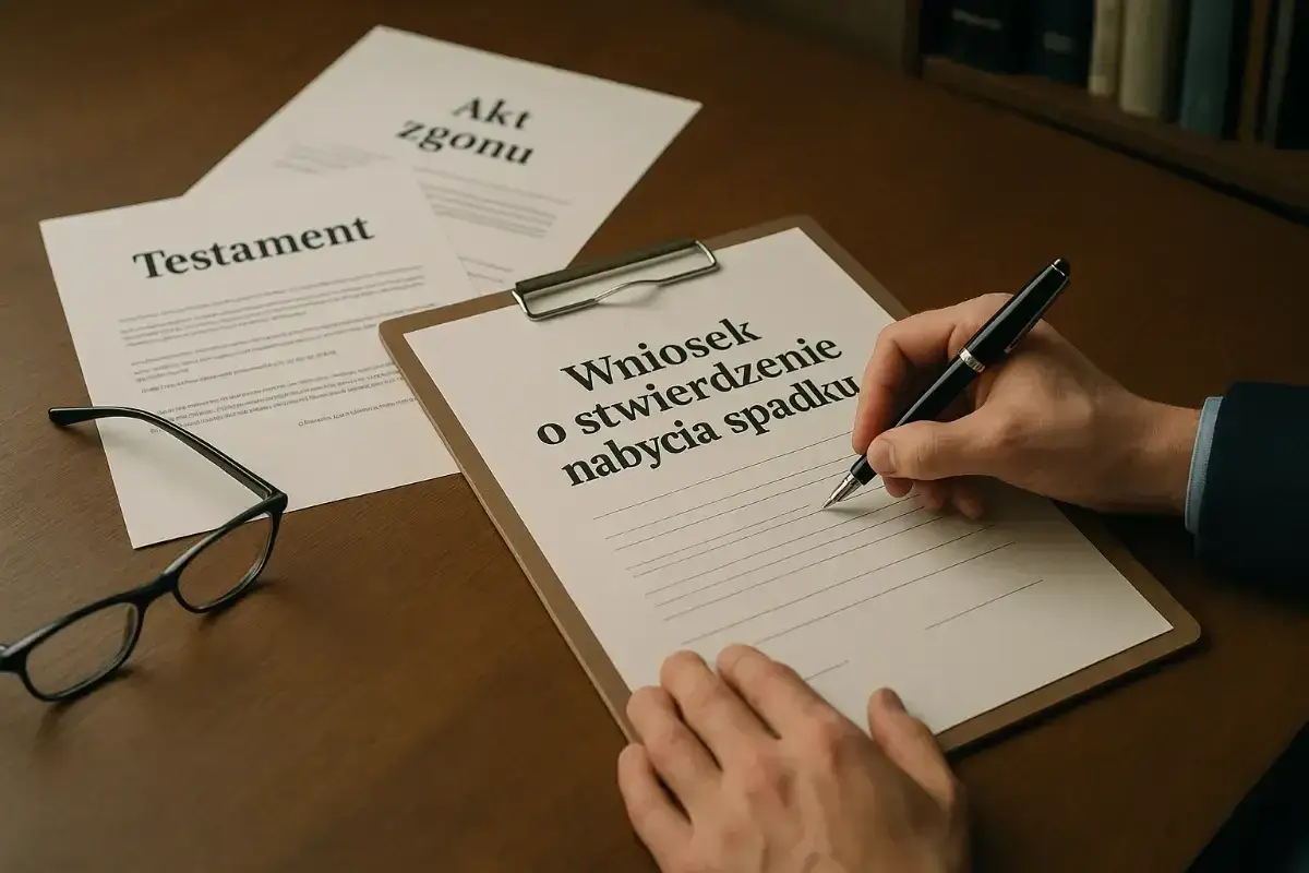 Dłoń pisze piórem na dokumencie "Wniosek o stwierdzenie nabycia spadku". Obok leżą okulary i dokumenty "Testament" i "Akt zgonu".