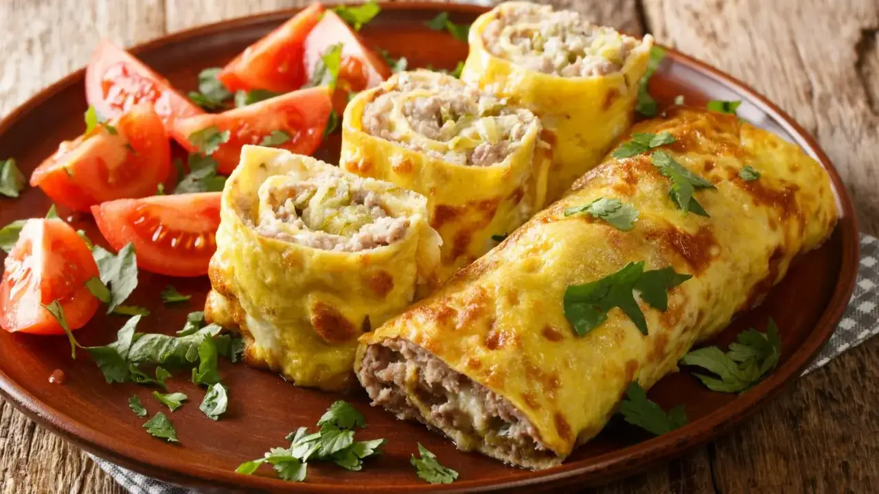 Roladki z mięsem mielonym w omlecie, podane z pomidorami i natką pietruszki. Idealne z czym naleśniki na obiad.