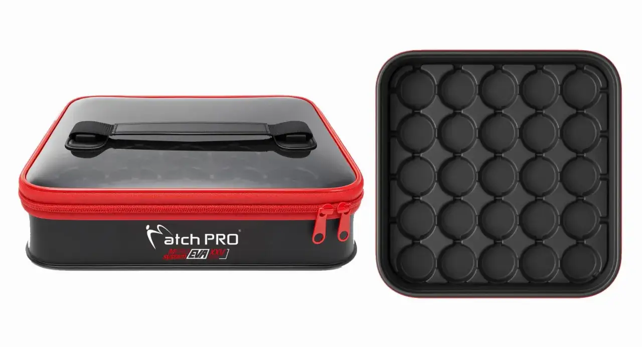 Pojemniki wędkarskie na zanęty Match PRO. Czarny, czerwony, z przezroczystą pokrywą i przegródkami na przynęty.