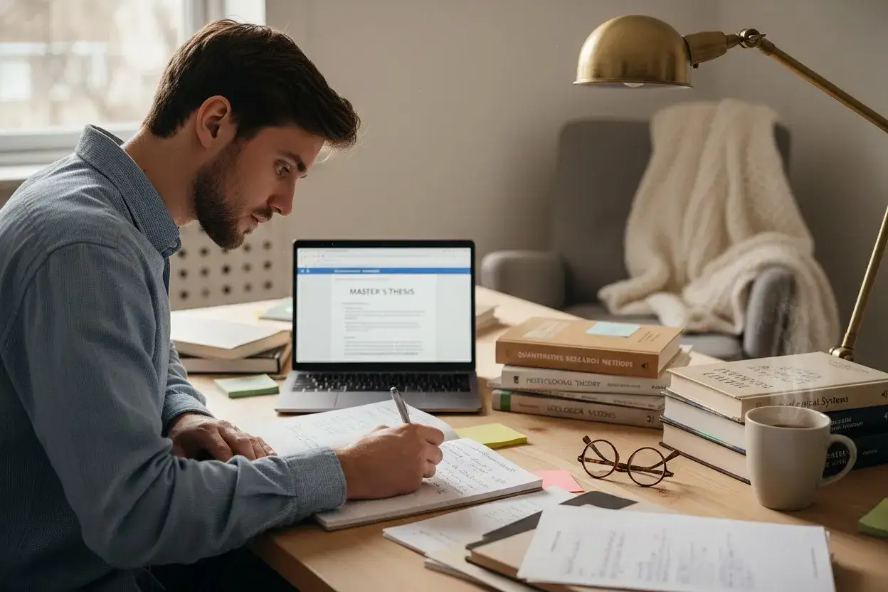 Mężczyzna pisze pracę magisterską na laptopie, notując w zeszycie. Tak wygląda rozprawa zdalna.