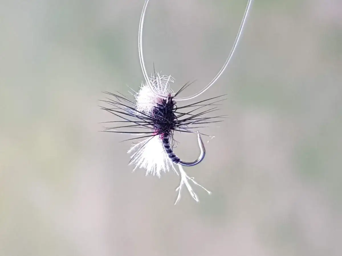 Sztuczna mucha na haczyku, gotowa do łowienia. Zobacz, jak założyć muchę na haczyk, by skutecznie łapać ryby.