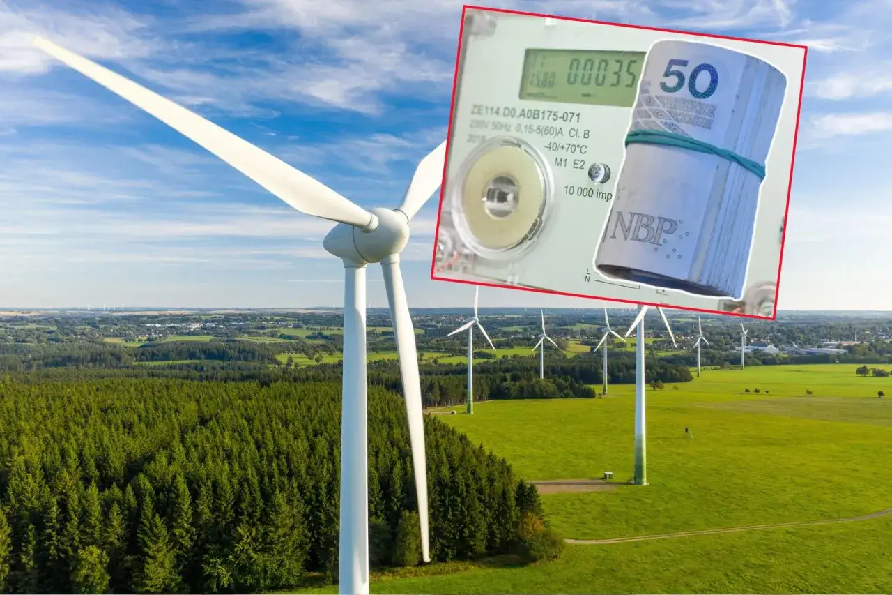 Wiatraki na tle zielonego krajobrazu z nałożonym licznikiem energii i banknotami.