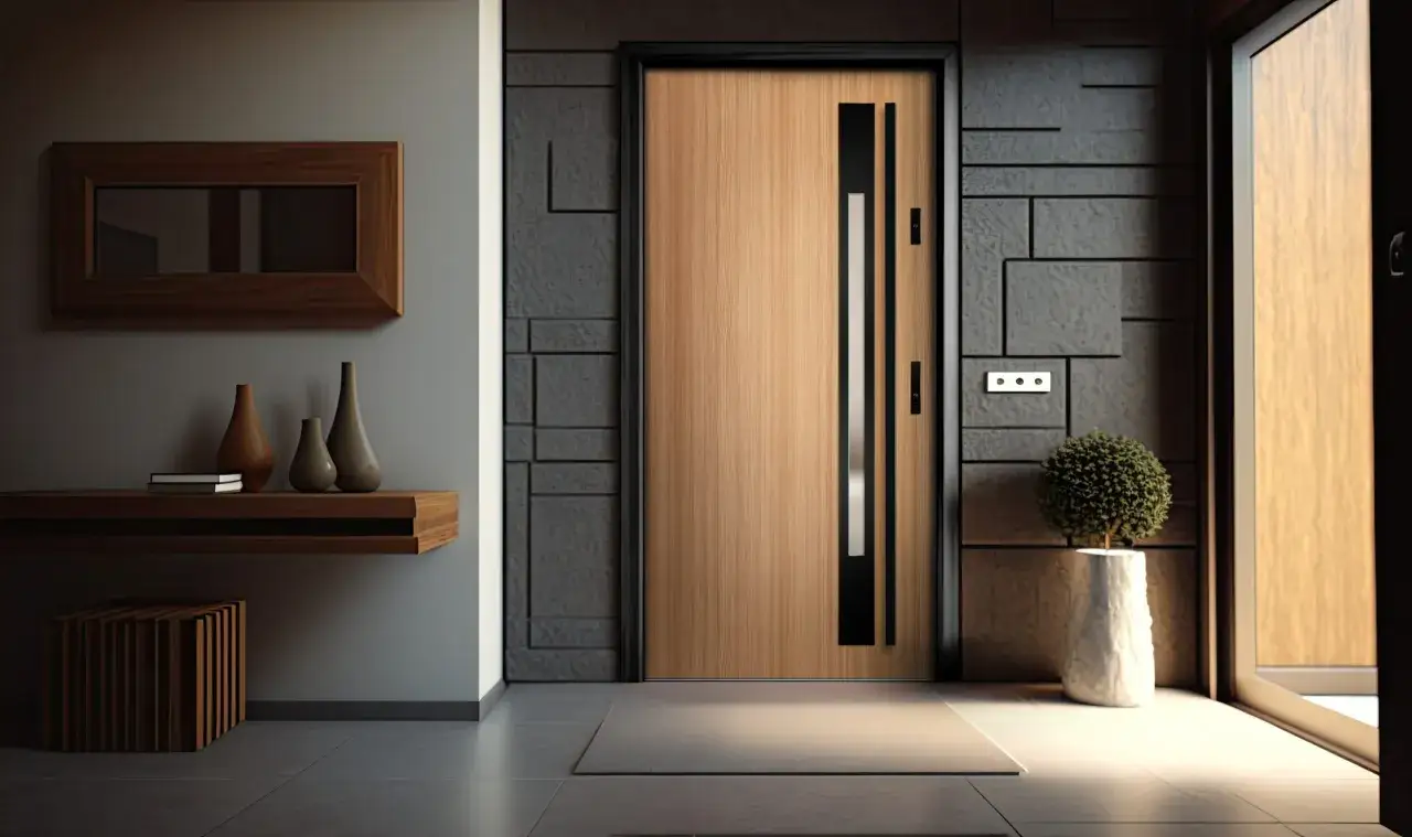 Nowoczesne drzwi z pochwytem, ozdobione pionowymi czarnymi i srebrnymi wstawkami, harmonizują z kamienną ścianą. Obok stoi donica z zieloną rośliną.