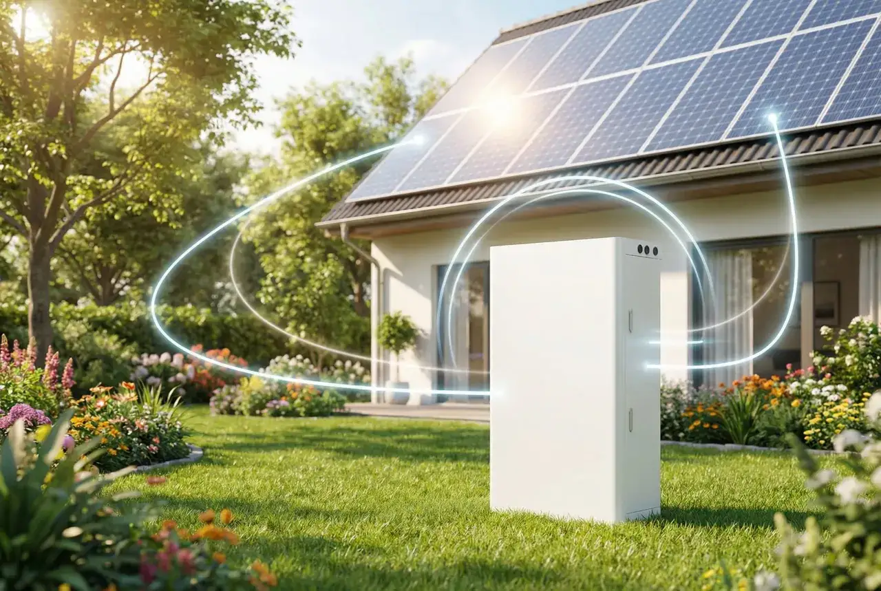 Biały magazyn energii stoi w słonecznym ogrodzie obok domu z panelami słonecznymi. Czy magazyn energii się opłaca? To pytanie o przyszłość domowej energetyki.