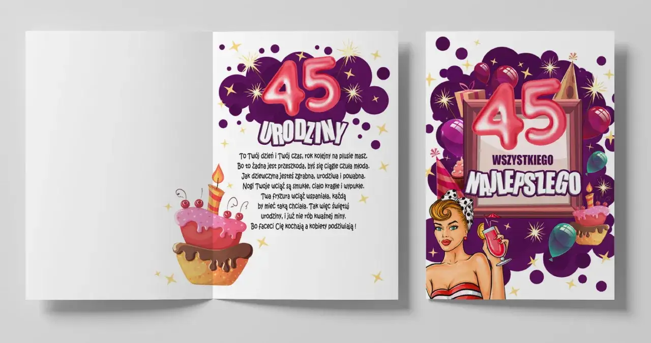 Wesołe życzenia na 45 urodziny z tortem i kieliszkiem drinka. Jubilatka w stylu pin-up świętuje 45 lat!