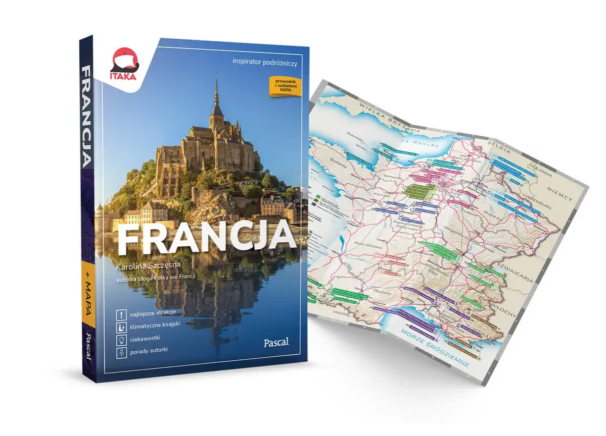 Przewodnik po Francji z mapą, przedstawiający Mont Saint-Michel i mapę kraju.
